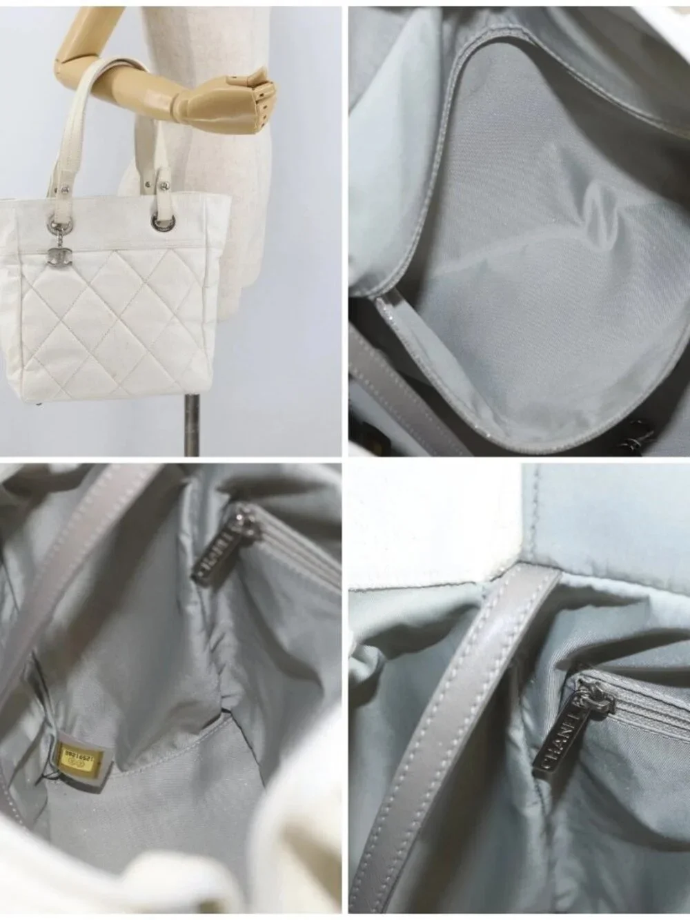 CHANEL Tote Bag Leather Silver White CC Auth BA10495